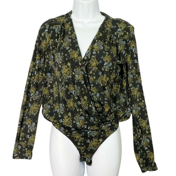 Intimately Free People Bodysuit Sz M Thong Deep V Crossover Floral Black - Picture 2 of 10